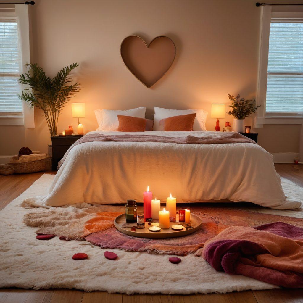 A serene and cozy bedroom setting featuring a couple exploring intimate wellness together, surrounded by colorful wellness aids like candles, essential oils, and soft textiles. The atmosphere is warm and inviting, emphasizing connection and self-care. Subtle heart shapes in the décor add to the theme of intimacy and exploration. soft lighting and natural textures, painting.