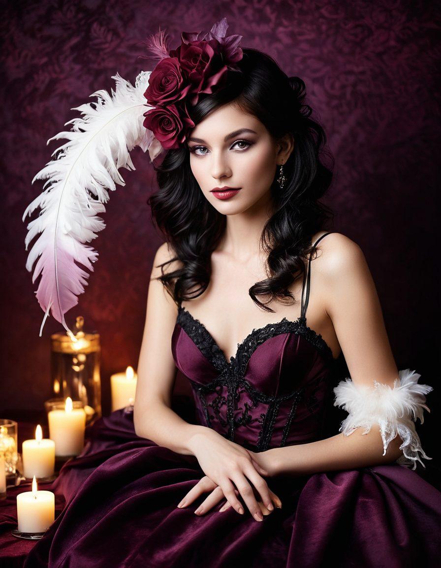 A seductive arrangement of elegant intimate accessories displayed artfully on a plush velvet backdrop, glowing softly with ambient lighting. Include a tastefully designed feather boa, delicate lace masks, and stylish cuffs, along with hints of candlelight for a warm, inviting atmosphere. Add subtle hints of passion, with delicate rose petals scattered around, evoking a sense of desire and intimacy. The color palette should be rich, deep reds, and luxurious purples to enhance allure. super-realistic. rich colors. soft focus.