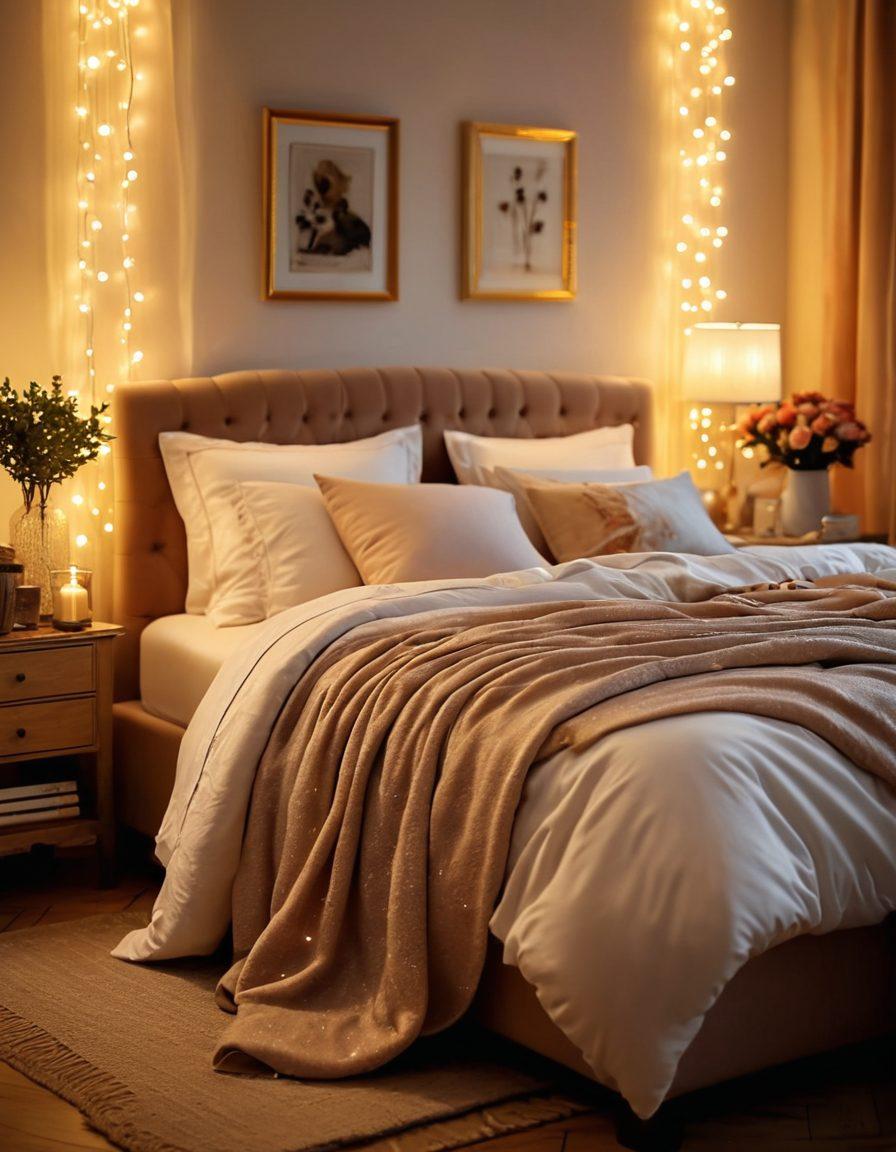 An elegant and inviting bedroom scene, featuring a beautifully made bed draped in soft, luxurious fabrics, surrounded by an array of sensual products elegantly displayed—such as scented candles, plush pillows, and tasteful bedroom essentials. A dimly lit ambiance accentuates the romantic mood, with a hint of sparkling fairy lights in the background. Super-realistic. Warm tones. Soft focus.